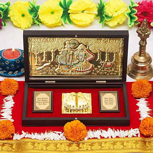 24 Karat Gold Coated Radha Krishna God Idol with Charan Paduka |