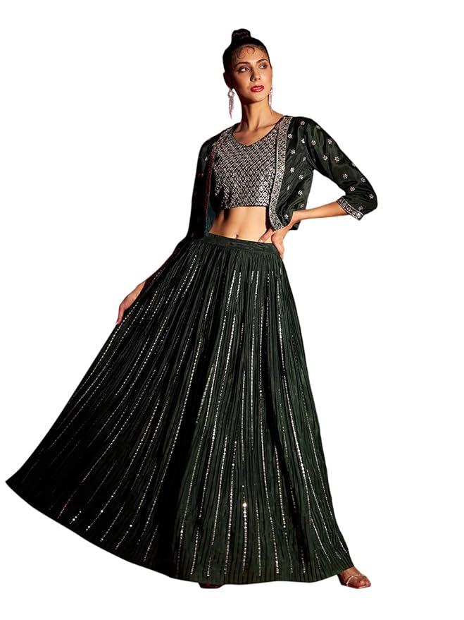 women'S Lehenga And Choli With Short Jacket Readymade Set For Solid With Heavy Sequance Embroidery Work