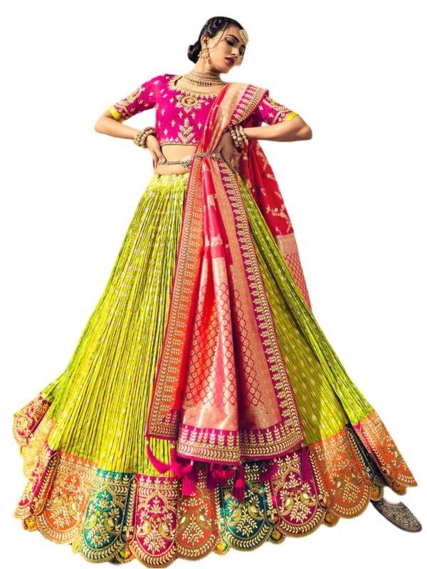 New Green-Multi Heavy Embroidered Gota Pati Work Banarasi Silk Semi-Stitched Lehenga Choli