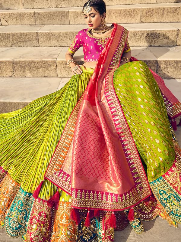 New Green-Multi Heavy Embroidered Gota Pati Work Banarasi Silk Semi-Stitched Lehenga Choli